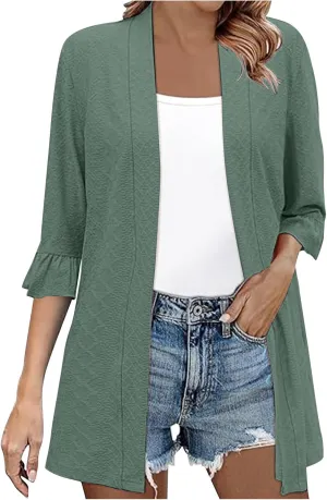 Lightweight Cardigans for Women Summer Trendy 3/4 Sleeve Open Front Eyelet Long Cardigan Casual Beach Cover Up