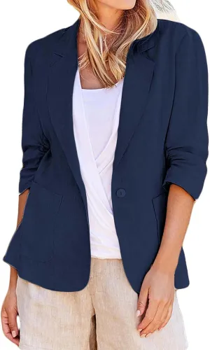 Linen Blazer Women Summer Lightweight Button 3/4 Sleeve Blazers for Women Business Casual Suit Jacket with Pockets