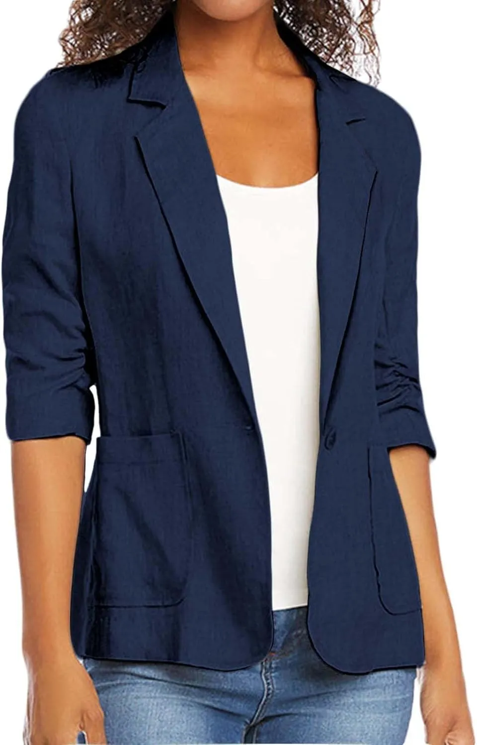 Linen Blazer Women Summer Lightweight Button 3/4 Sleeve Blazers for Women Business Casual Suit Jacket with Pockets
