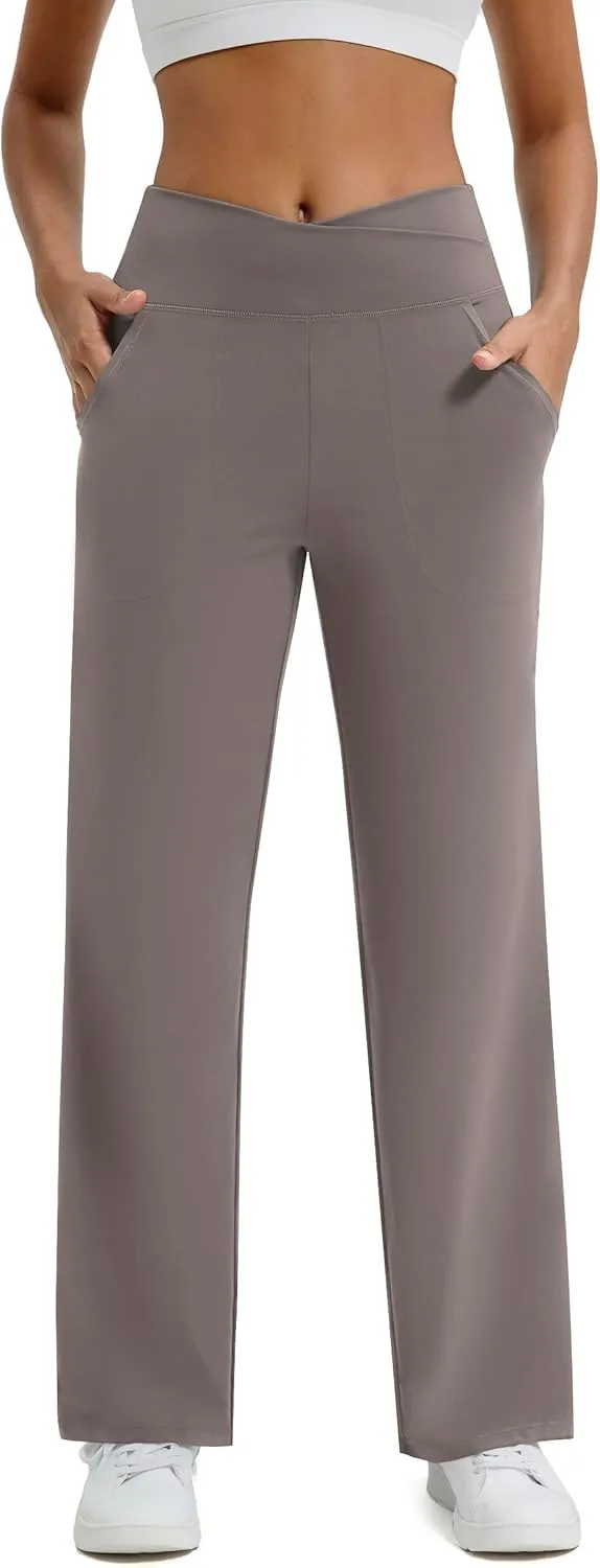 Maxbee Wide Leg Pants for Women Casual Work Pants Crossover High Waisted Yoga Pants with Pockets