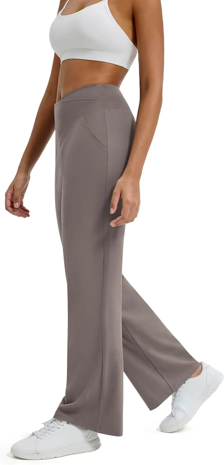 Maxbee Wide Leg Pants for Women Casual Work Pants Crossover High Waisted Yoga Pants with Pockets