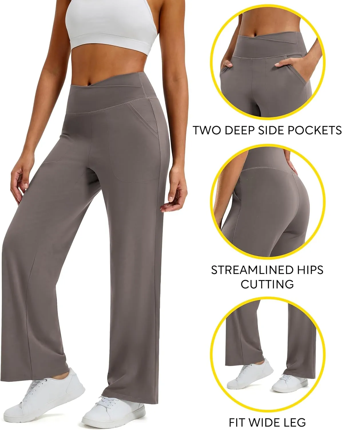 Maxbee Wide Leg Pants for Women Casual Work Pants Crossover High Waisted Yoga Pants with Pockets