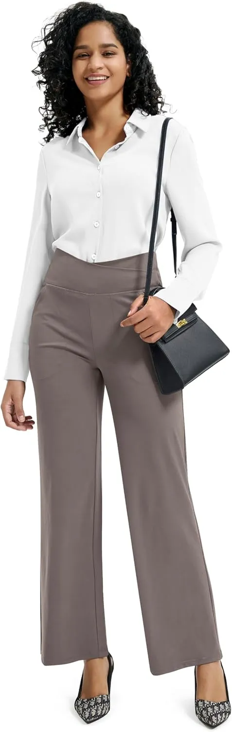 Maxbee Wide Leg Pants for Women Casual Work Pants Crossover High Waisted Yoga Pants with Pockets
