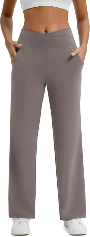 Maxbee Wide Leg Pants for Women Casual Work Pants Crossover High Waisted Yoga Pants with Pockets