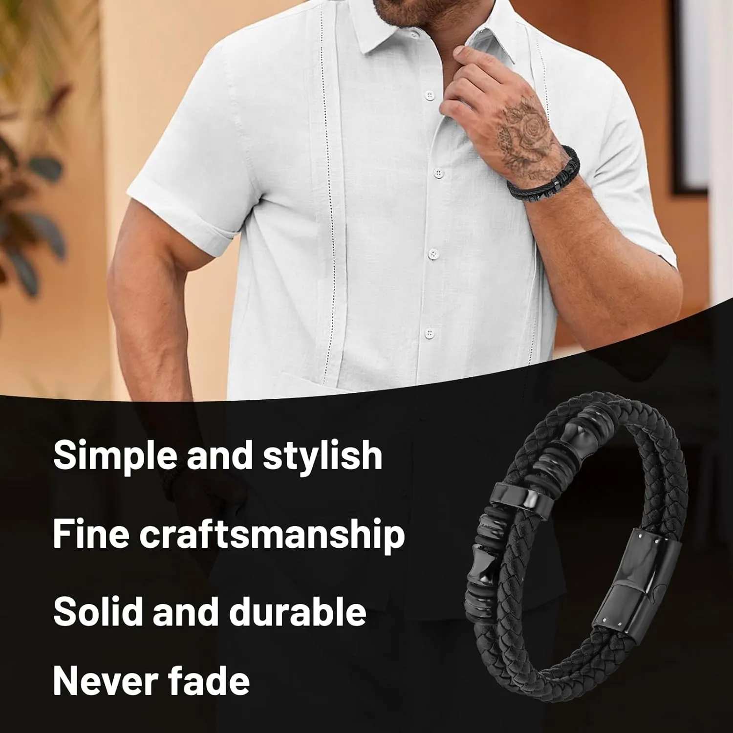 Mens Bracelet,Gifts for Men,Double-Row Black Braided Leather Bracelets for Men,Black Stainless Steel Cross Jewelry With Black Onyx Beads Bracelets,Charm Bracelet,For Dad,Friends,Brother,Sons