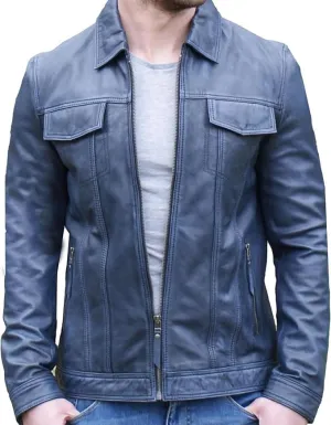 Mens Vintage Trucker Lambskin Leather Jacket  Classic Retro Shirt Collar Style for Men