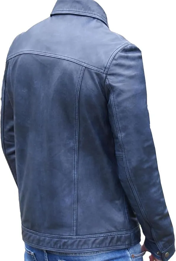 Mens Vintage Trucker Lambskin Leather Jacket  Classic Retro Shirt Collar Style for Men