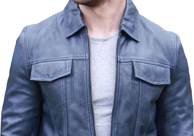 Mens Vintage Trucker Lambskin Leather Jacket  Classic Retro Shirt Collar Style for Men