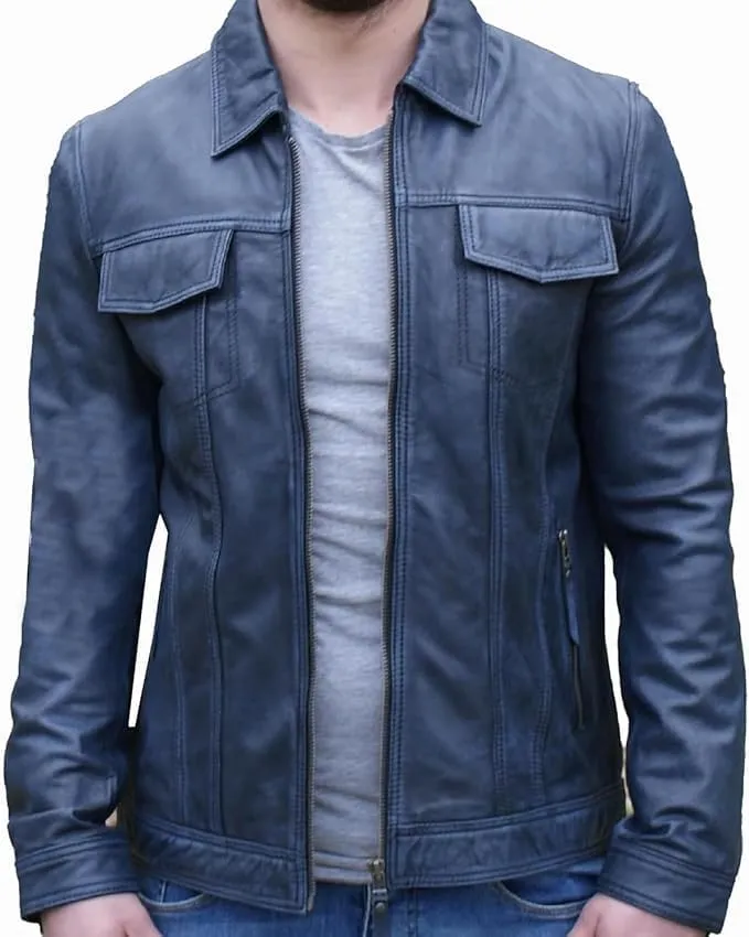 Mens Vintage Trucker Lambskin Leather Jacket  Classic Retro Shirt Collar Style for Men