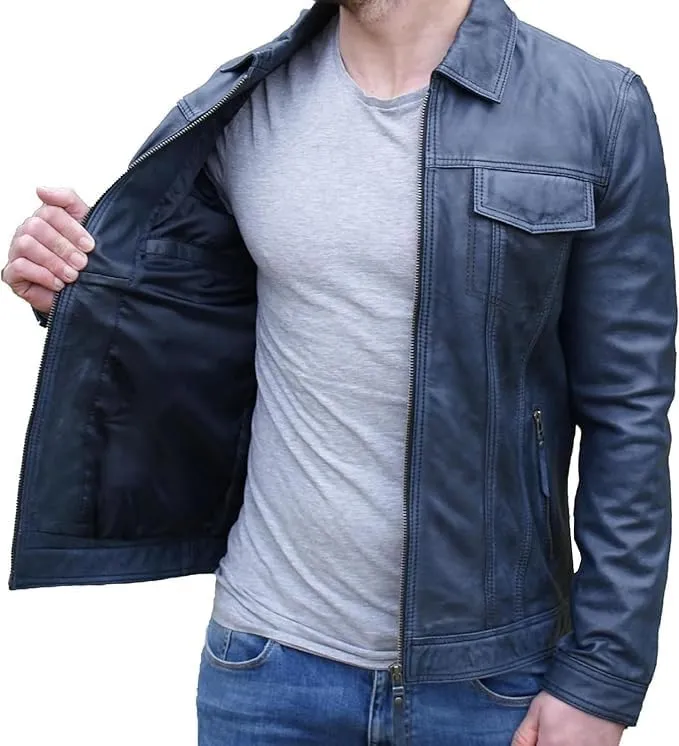 Mens Vintage Trucker Lambskin Leather Jacket  Classic Retro Shirt Collar Style for Men