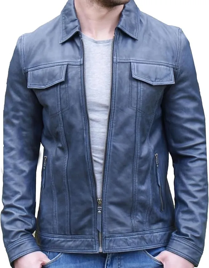 Mens Vintage Trucker Lambskin Leather Jacket  Classic Retro Shirt Collar Style for Men