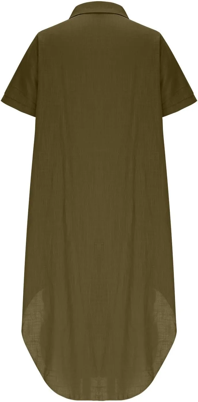 Midi Dresses for Women 2025 Vacation Button Short Sleeve Shirt Dress Casual Loose Flowy Long Linen Dress Sundress