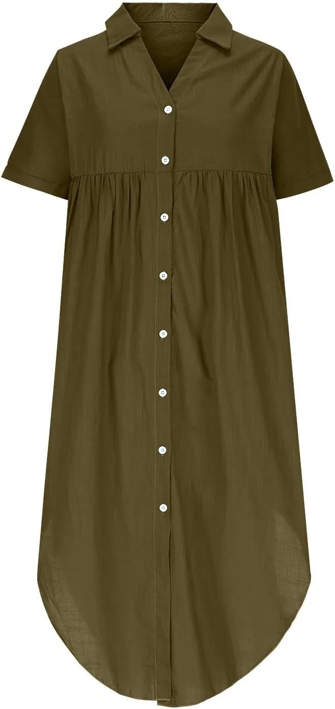 Midi Dresses for Women 2025 Vacation Button Short Sleeve Shirt Dress Casual Loose Flowy Long Linen Dress Sundress