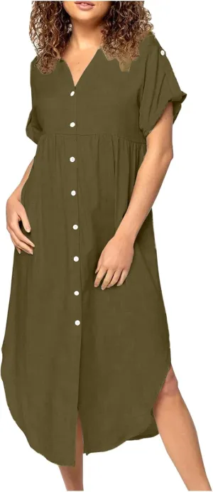 Midi Dresses for Women 2025 Vacation Button Short Sleeve Shirt Dress Casual Loose Flowy Long Linen Dress Sundress