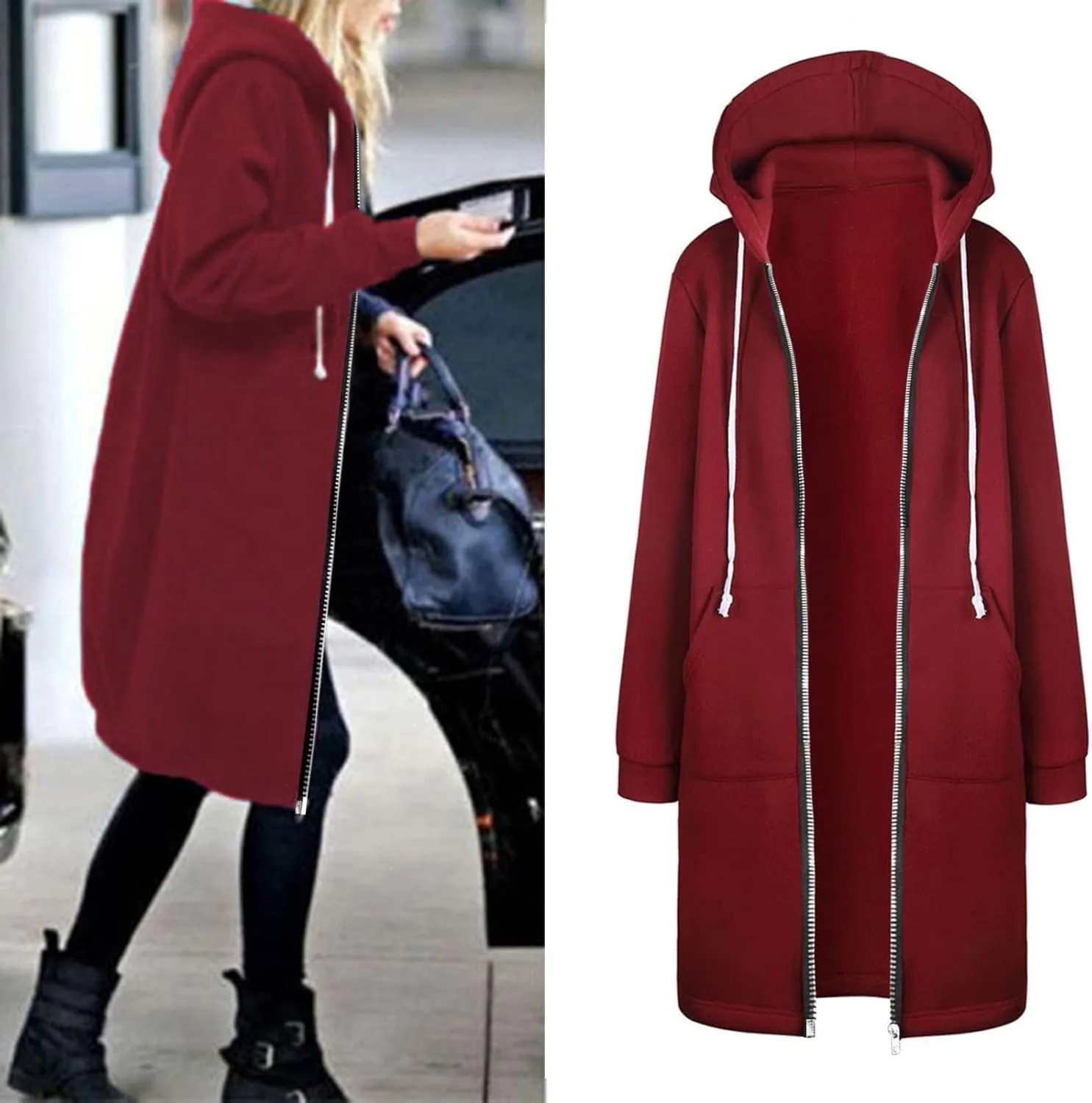 Muyise Women's Casual Zip Up Long Hoodies Tunic Sweatshirt Winter Warm Long Sleeve Hooded Outerwear Jacket Coat with Pockets