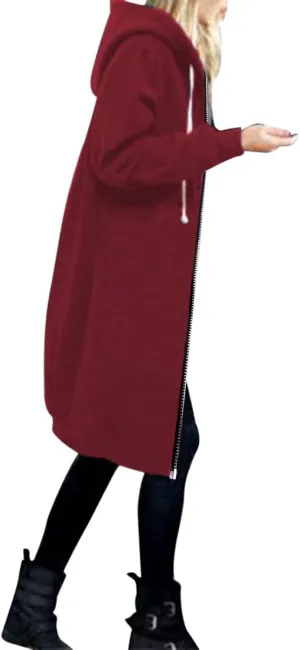 Muyise Women's Casual Zip Up Long Hoodies Tunic Sweatshirt Winter Warm Long Sleeve Hooded Outerwear Jacket Coat with Pockets