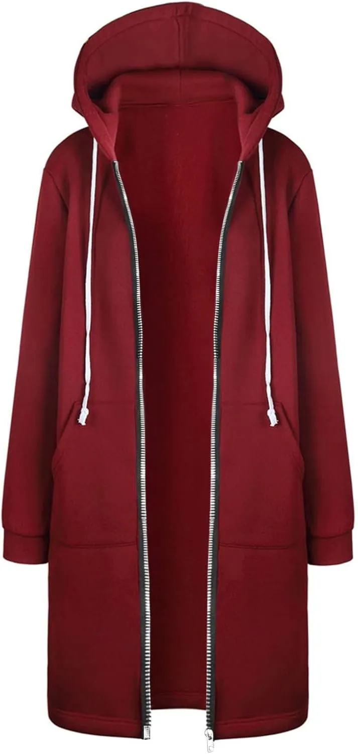 Muyise Women's Casual Zip Up Long Hoodies Tunic Sweatshirt Winter Warm Long Sleeve Hooded Outerwear Jacket Coat with Pockets