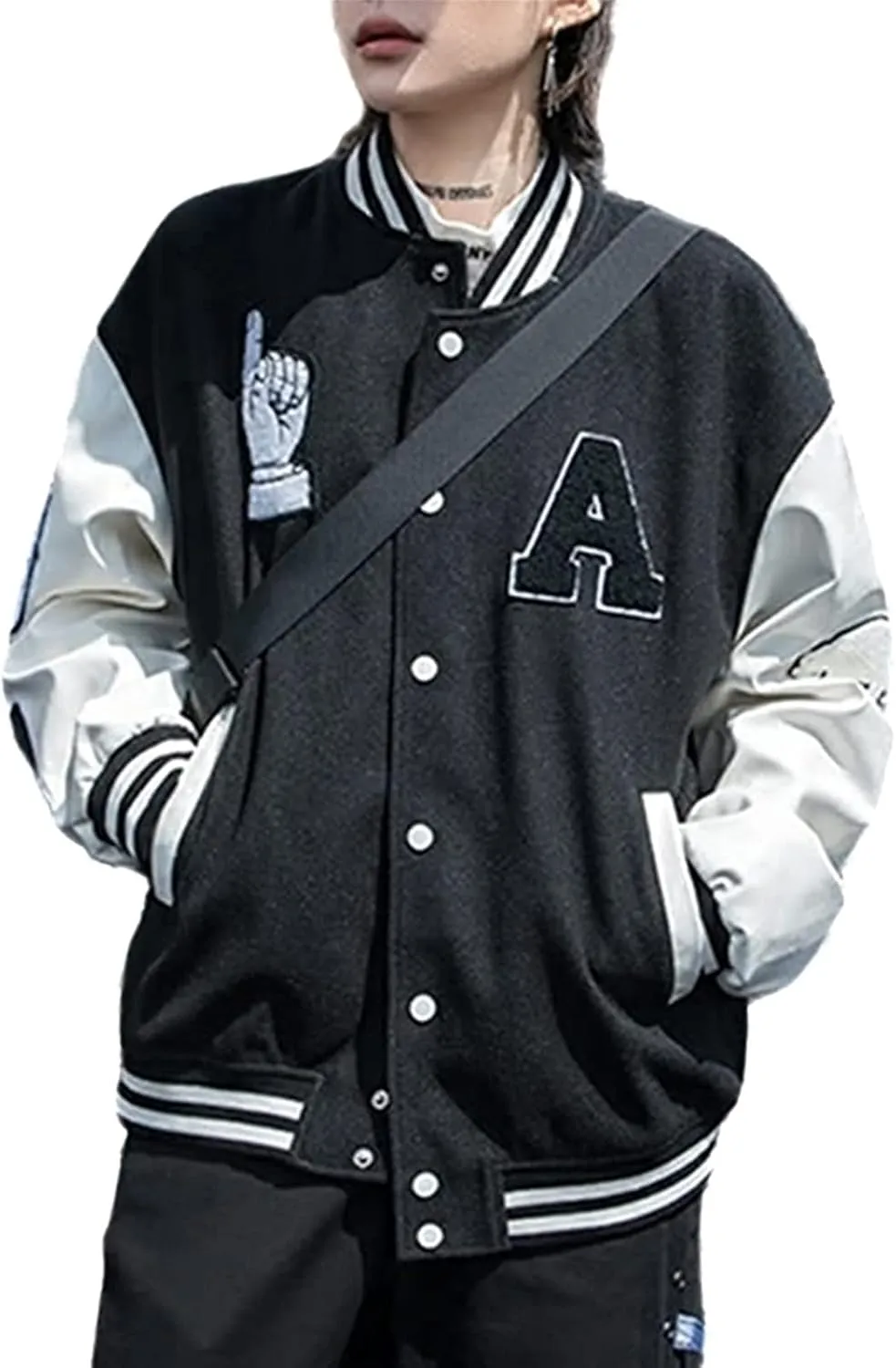 Mxiqqpltky Men's Vintage Varsity Jacket Casual Letter Print Patchwork Baseball Jacket Streetwear Letterman Jacket Bomber Coat