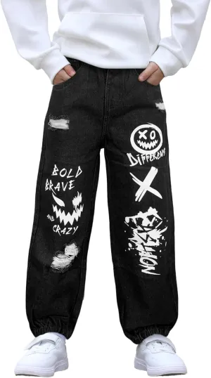 MyFav Boys' Ripped Denim Jeans Taper Fit Kids Fashion Loose Casual Trousers Long Pants
