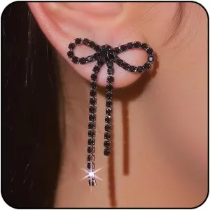 Silver Rhinestone Sparkly Dangle Earrings - Hot Pink, Purple, Blue, Black, Red - Dainty Bow Earrings for Women - Christmas