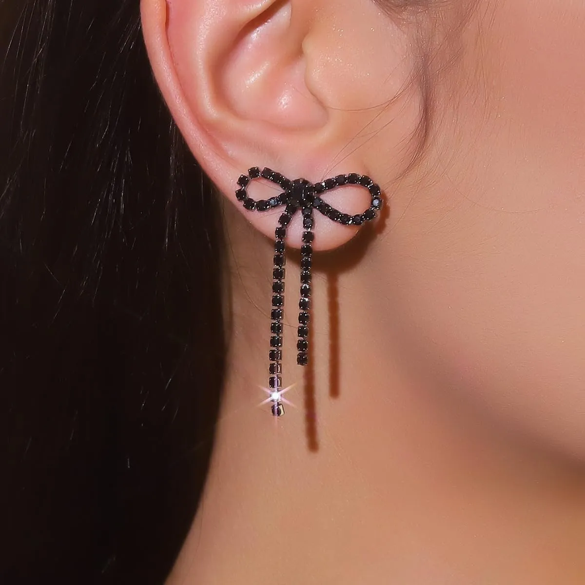 Silver Rhinestone Sparkly Dangle Earrings - Hot Pink, Purple, Blue, Black, Red - Dainty Bow Earrings for Women - Christmas