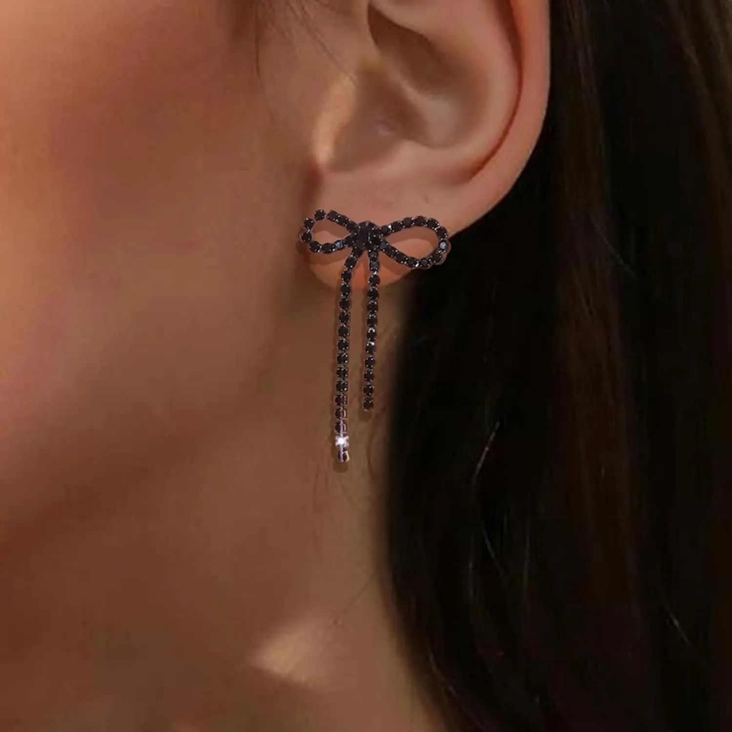 Silver Rhinestone Sparkly Dangle Earrings - Hot Pink, Purple, Blue, Black, Red - Dainty Bow Earrings for Women - Christmas