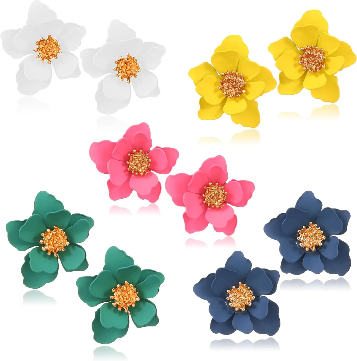 Summer Beach Flower Earrings for Women Boho Matte Stud Earrings Layered Flower Petals Earrings with Gold Flower Bud Pink Blue White Yellow Green Pack of 5 Pairs