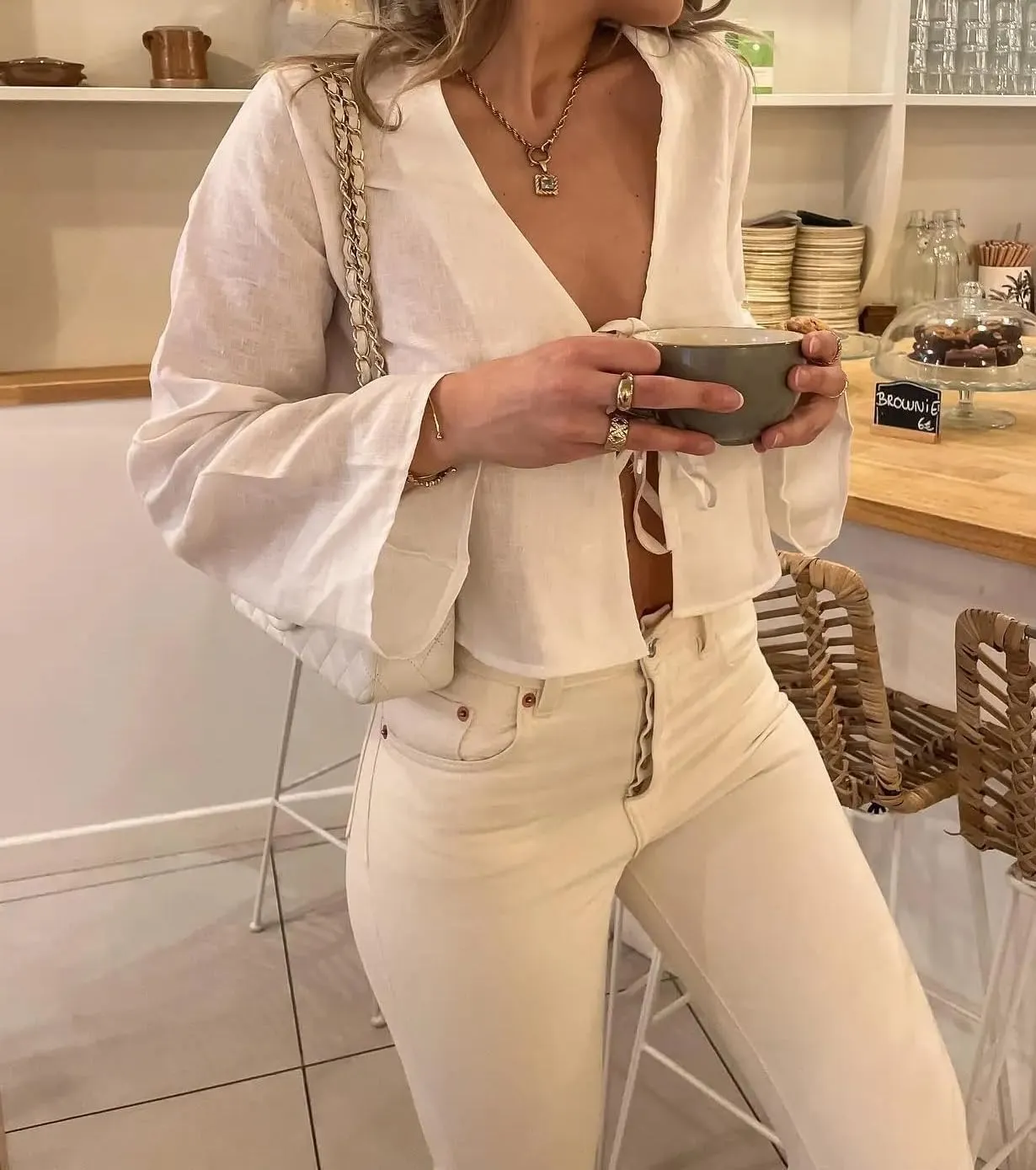 Tie Front Top Coquette Bow Linen Shirt Going Out Summe White Y2k Long Sleeve Blouse