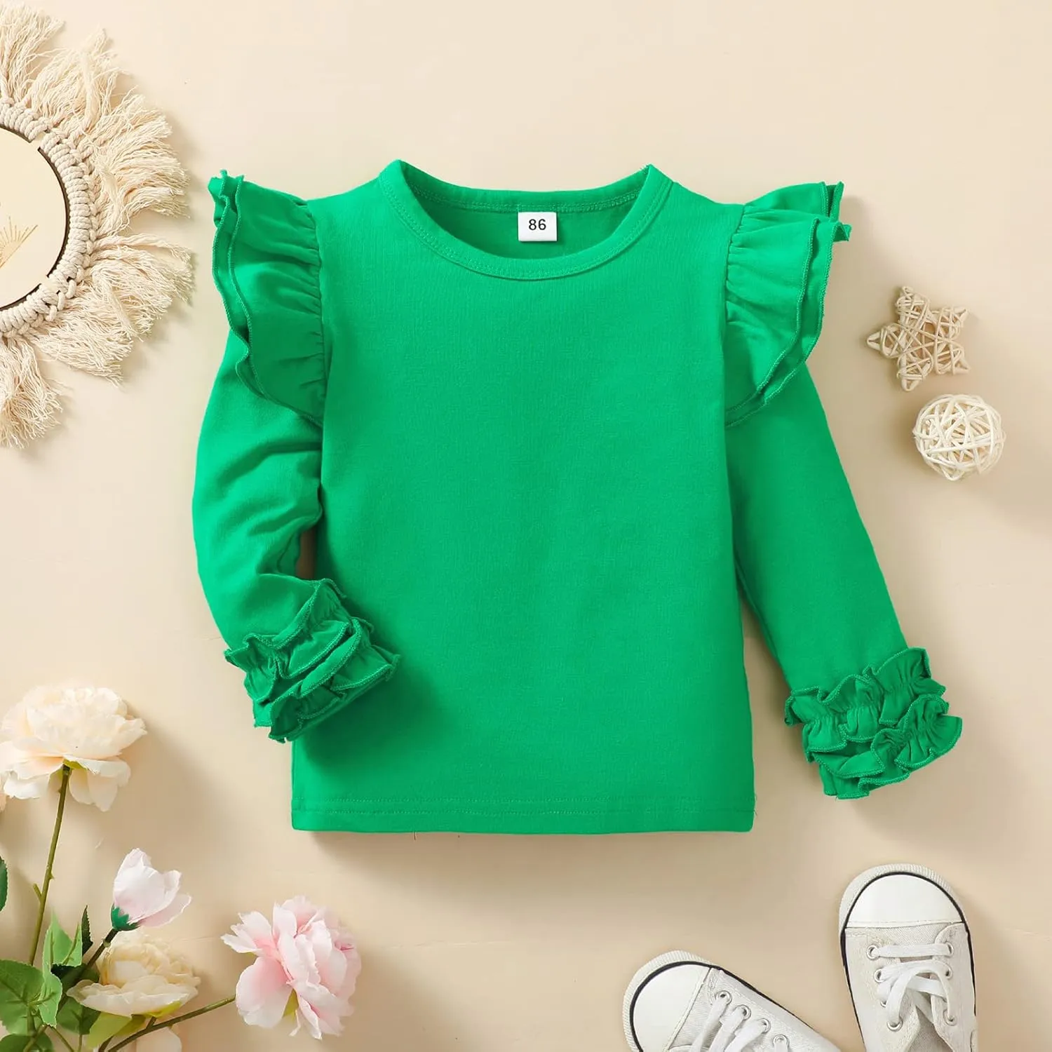 Toddler Baby Girl Solid Color T-Shirt Kids Blouse Plain Ruffle Sleeve Top Cotton Casual Clothes