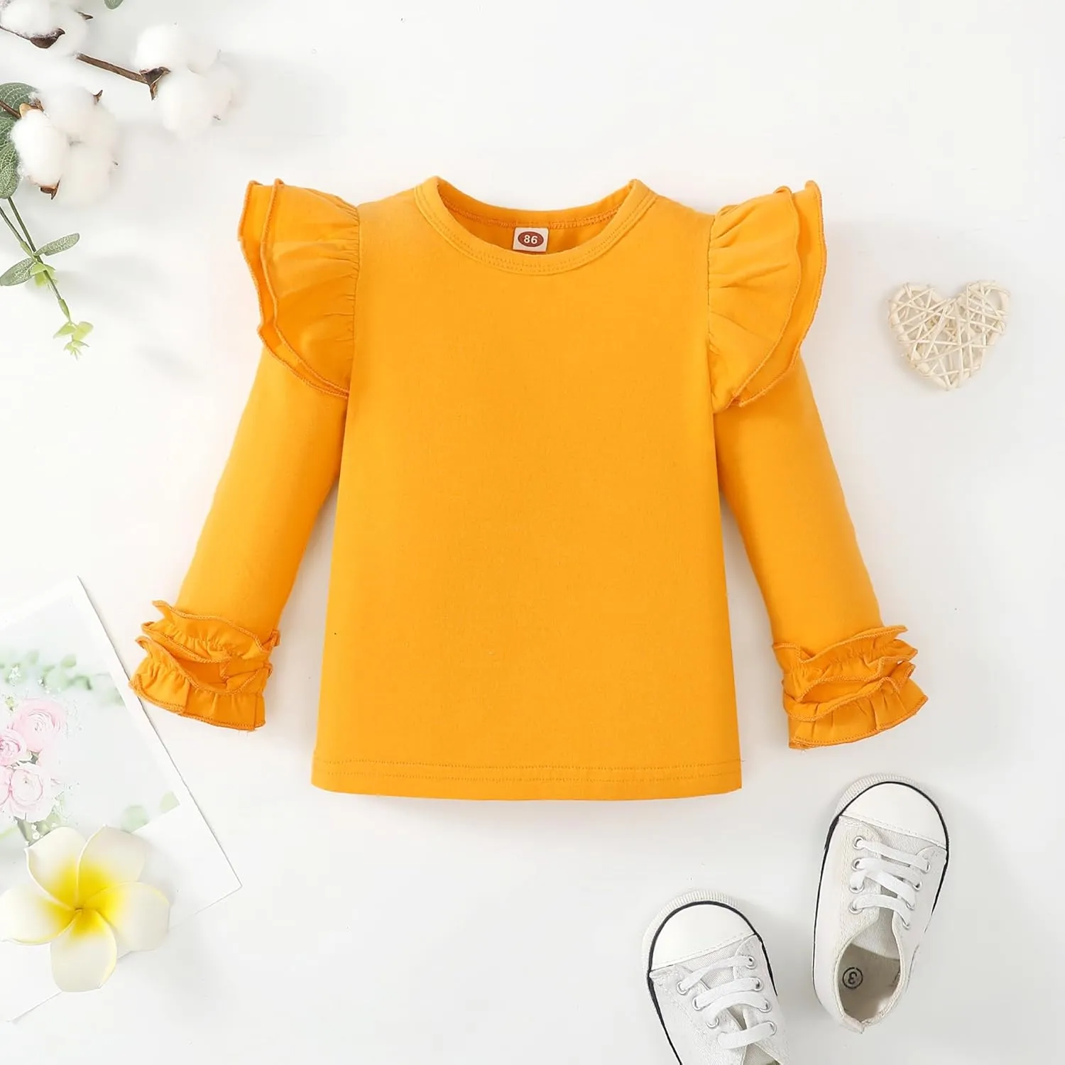 Toddler Girls Solid Color T-Shirt Kids Blouse Plain Ruffle Sleeve Top Baby Girl Cotton Casual Clothes