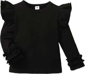 Toddler Girls Solid Color T-Shirt Kids Blouse Plain Ruffle Sleeve Top Baby Girl Cotton Casual Clothes