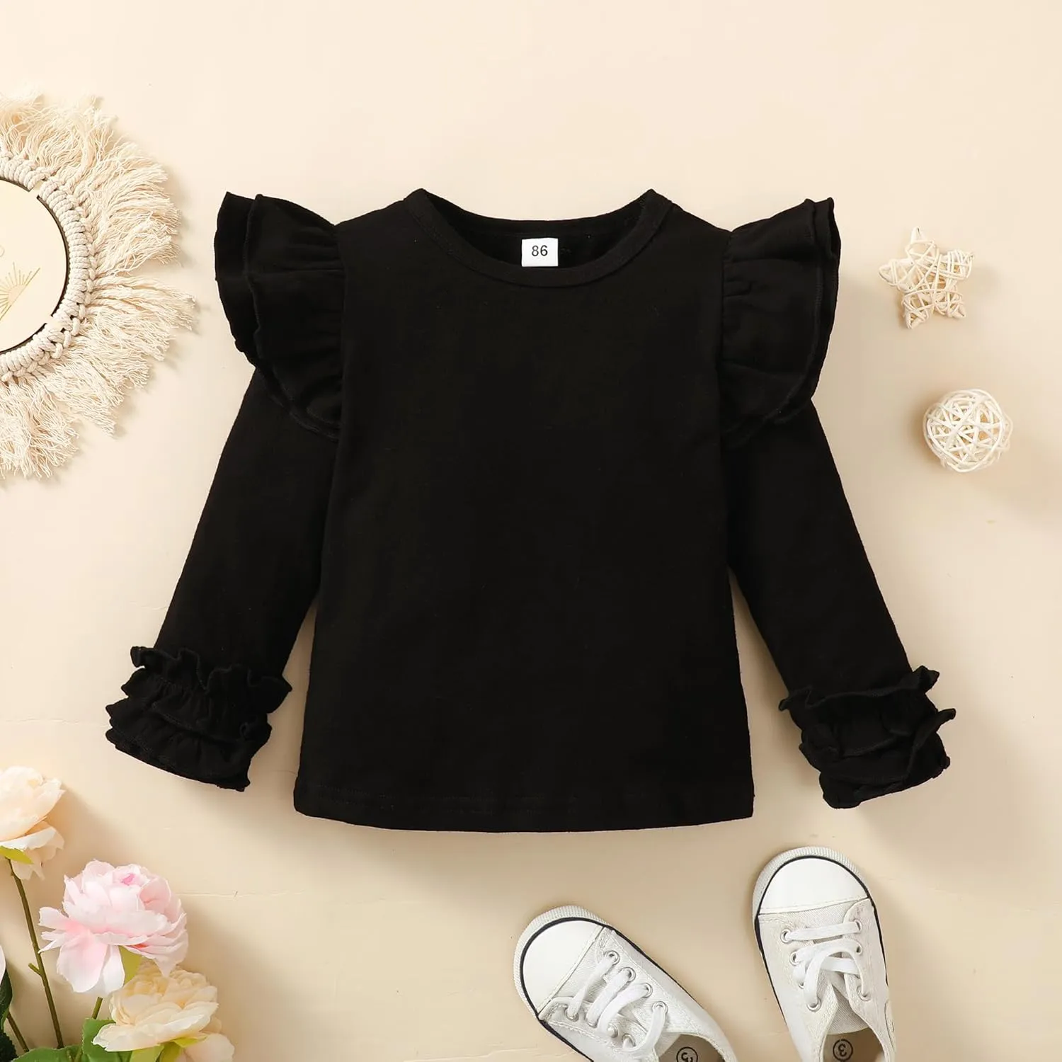 Toddler Girls Solid Color T-Shirt Kids Blouse Plain Ruffle Sleeve Top Baby Girl Cotton Casual Clothes
