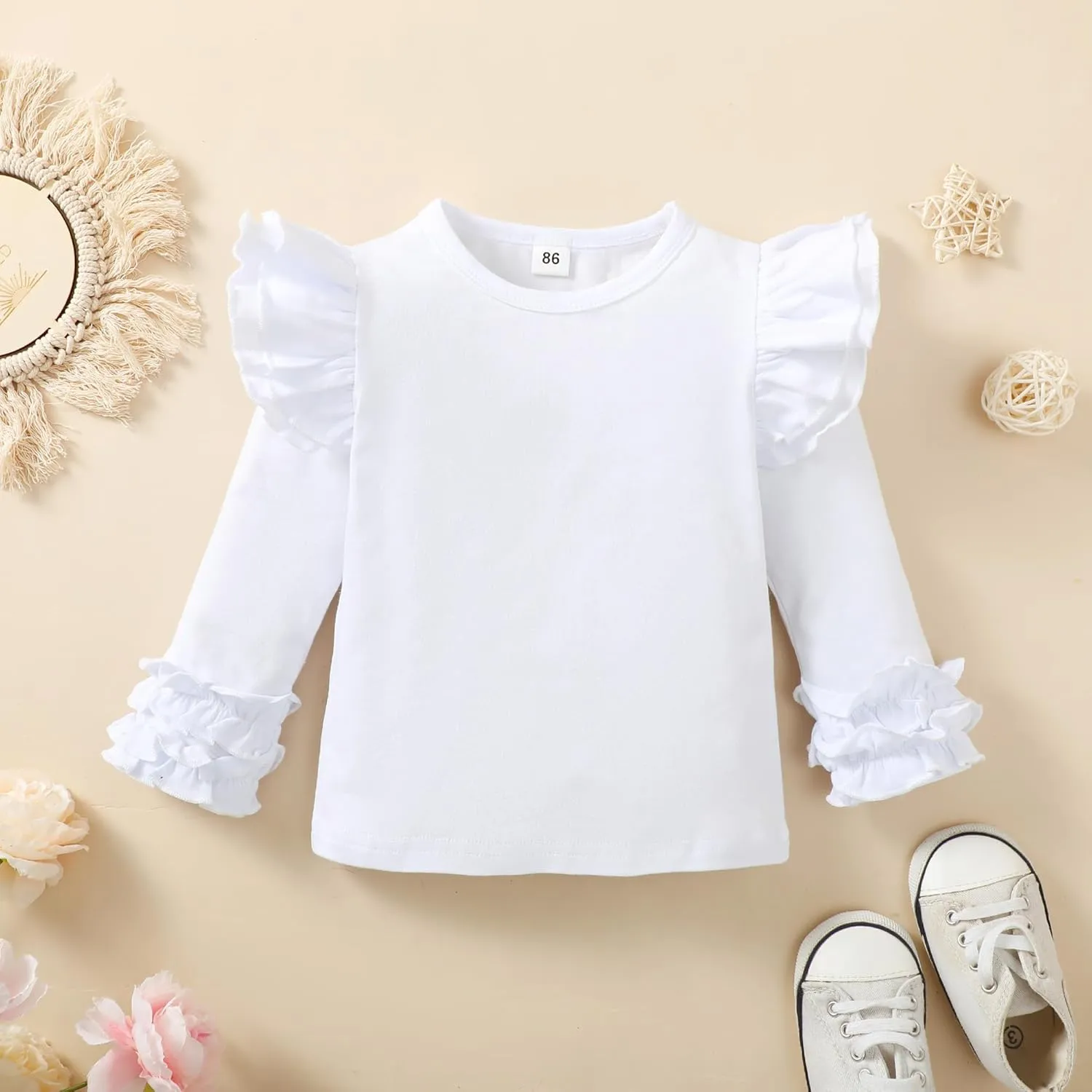 Toddler Girls Solid Color T-Shirt Kids Blouse Plain Ruffle Sleeve Top Baby Girl Cotton Casual Clothes