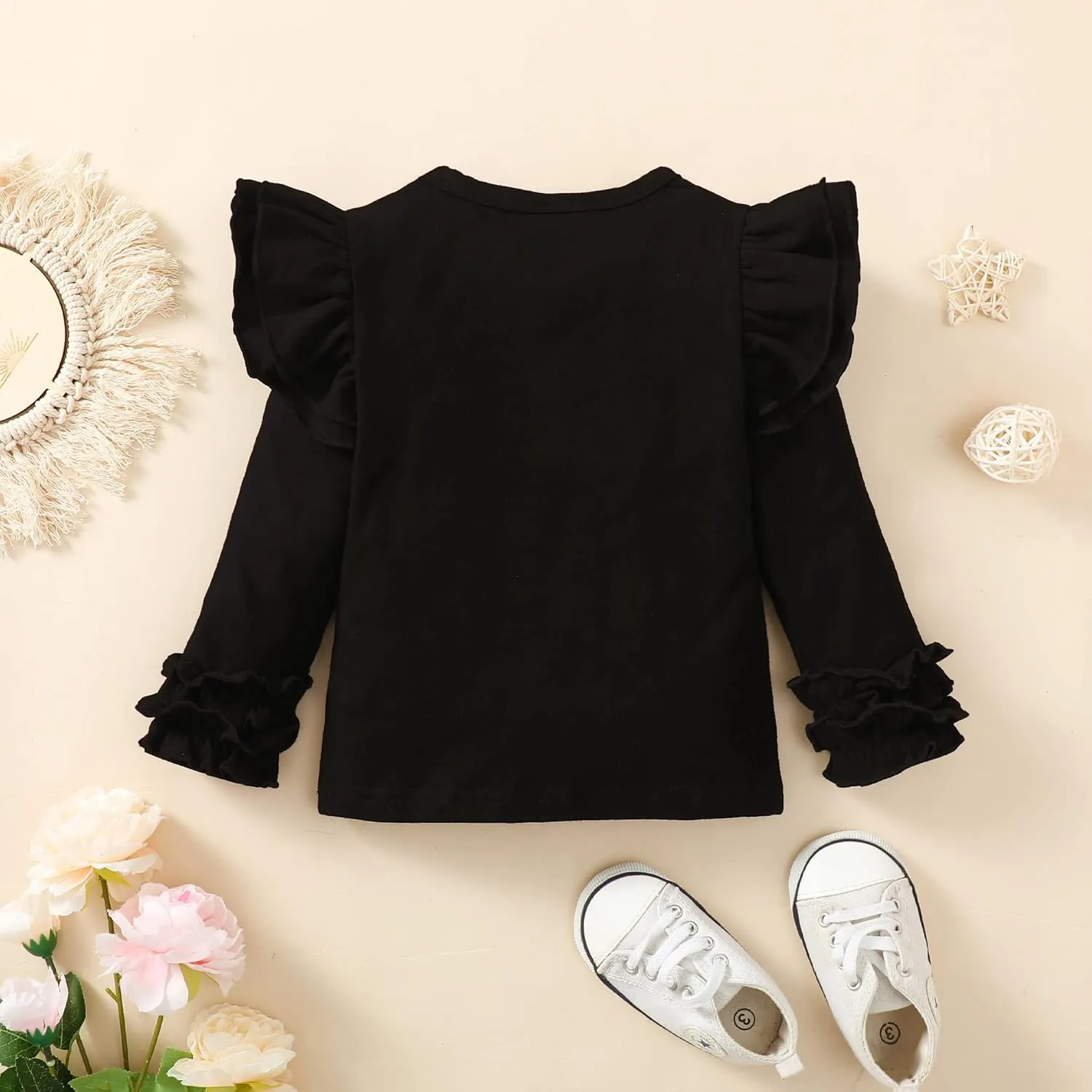 Toddler Girls Solid Color T-Shirt Kids Blouse Plain Ruffle Sleeve Top Baby Girl Cotton Casual Clothes