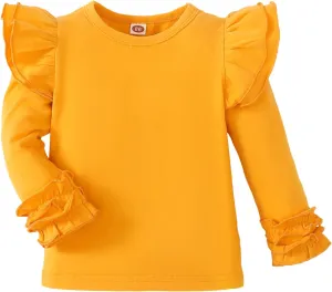 Toddler Girls Solid Color T-Shirt Kids Blouse Plain Ruffle Sleeve Top Baby Girl Cotton Casual Clothes