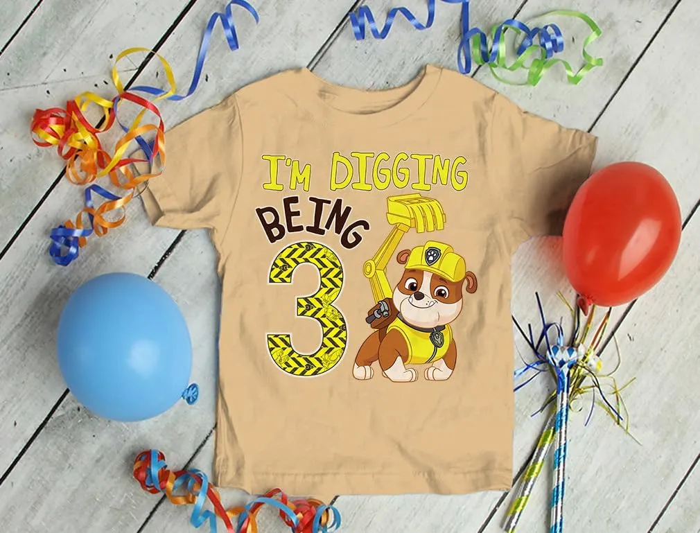 Tstars Rubble 3rd Birthday Boy Digging Being 3 Shirt Gifts for Three Years Old Boys Bday Paw Patrol Toddler Kids T-Shirt