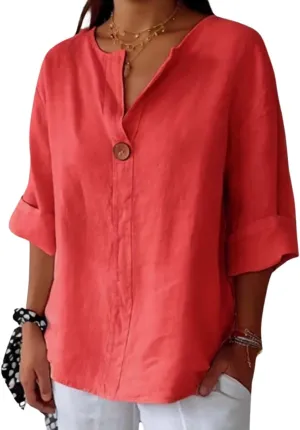 Womens Cotton Linen Shirts Summer Fashion Comfy V Neck 3/4 Sleeves Classic Casual Solid Color Loose Fit Button Down Top