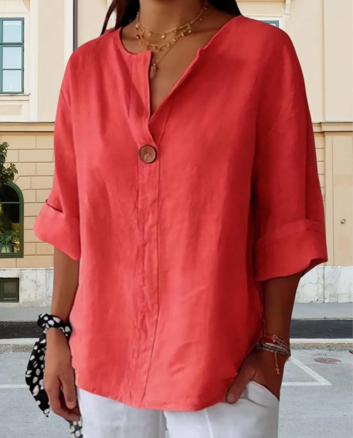 Womens Cotton Linen Shirts Summer Fashion Comfy V Neck 3/4 Sleeves Classic Casual Solid Color Loose Fit Button Down Top
