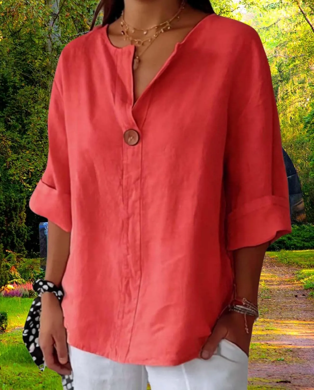 Womens Cotton Linen Shirts Summer Fashion Comfy V Neck 3/4 Sleeves Classic Casual Solid Color Loose Fit Button Down Top
