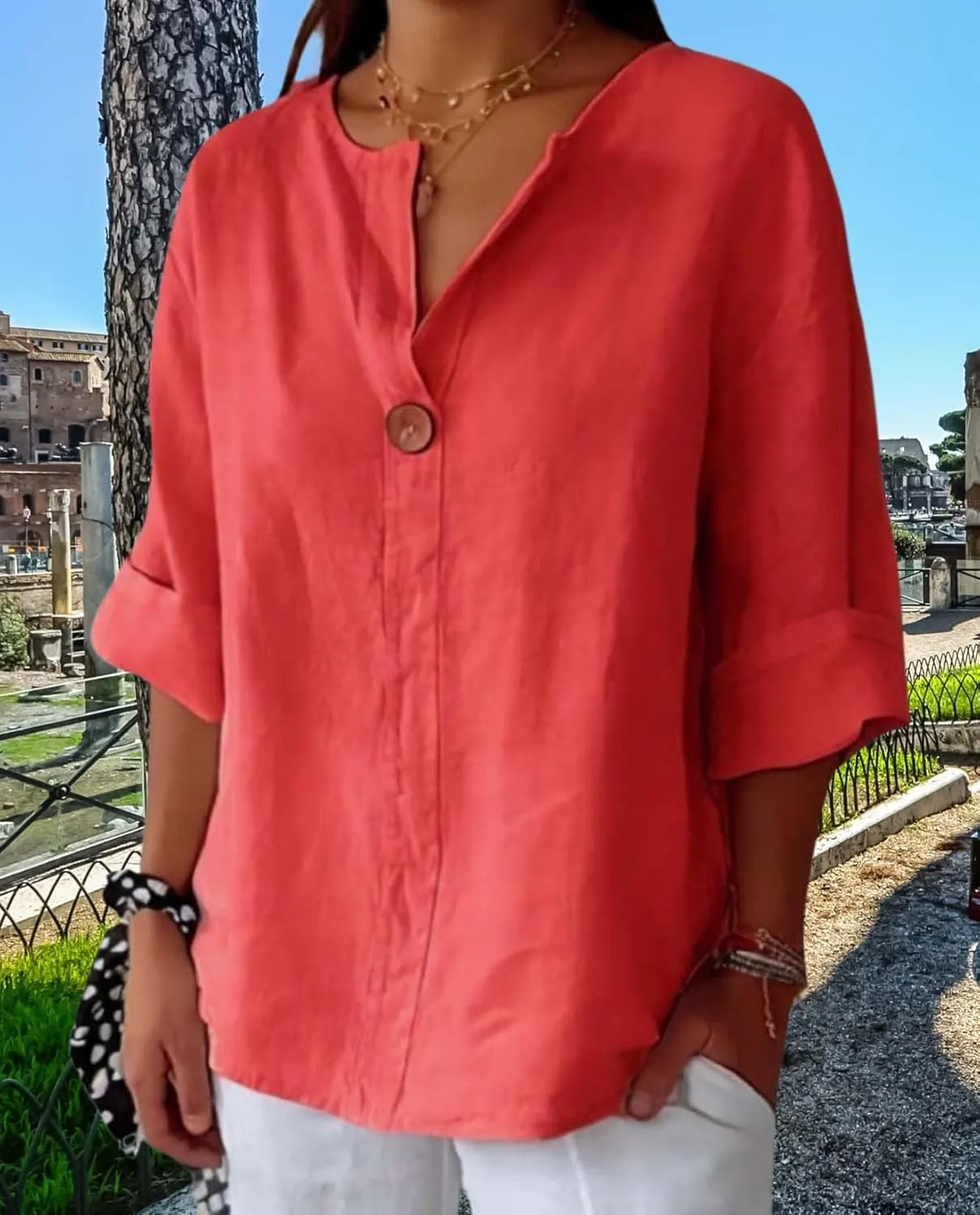 Womens Cotton Linen Shirts Summer Fashion Comfy V Neck 3/4 Sleeves Classic Casual Solid Color Loose Fit Button Down Top