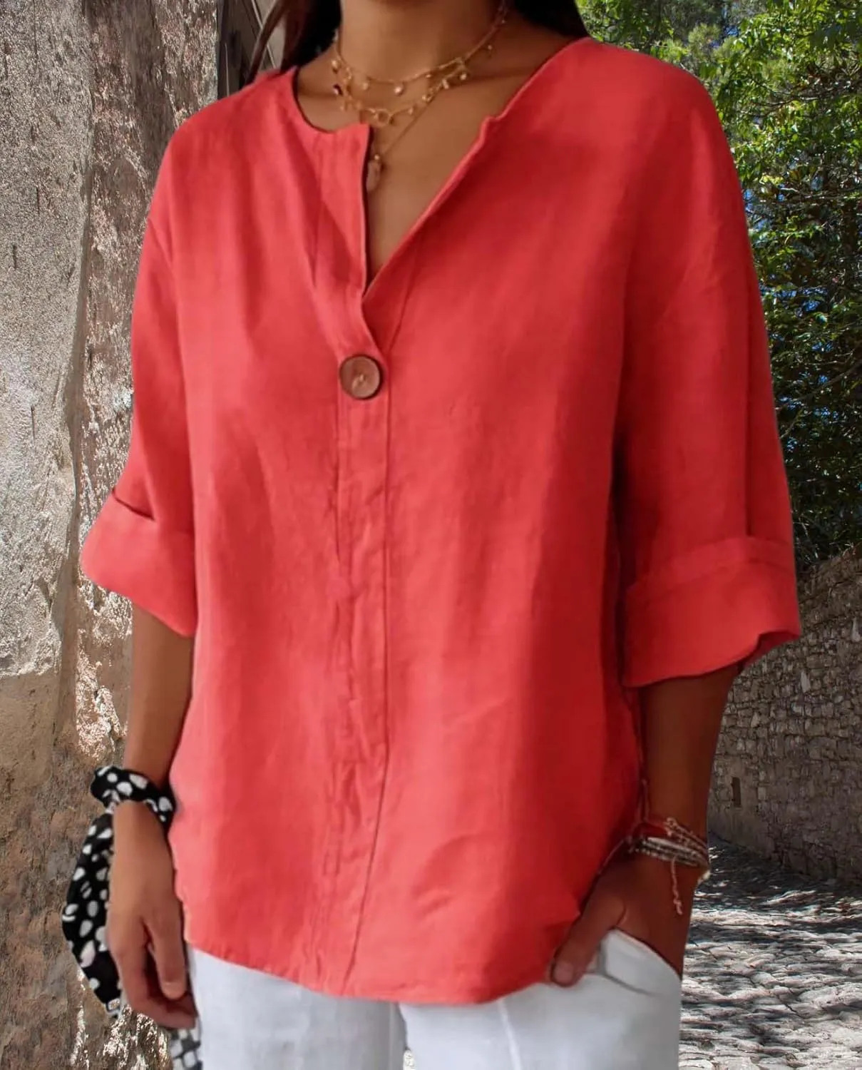 Womens Cotton Linen Shirts Summer Fashion Comfy V Neck 3/4 Sleeves Classic Casual Solid Color Loose Fit Button Down Top