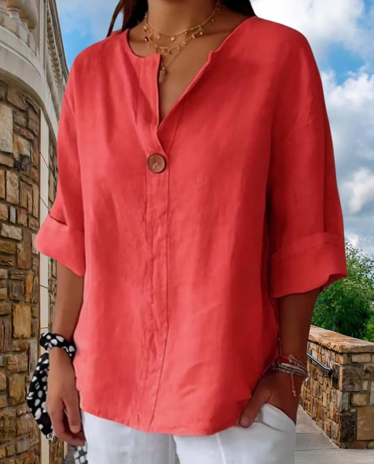 Womens Cotton Linen Shirts Summer Fashion Comfy V Neck 3/4 Sleeves Classic Casual Solid Color Loose Fit Button Down Top