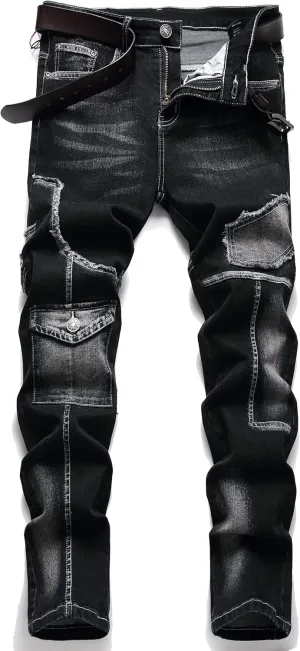 XIMXIMMTIAN Men's Biker Moto Washed Distressed Slim Fit Straight Jeans Denim