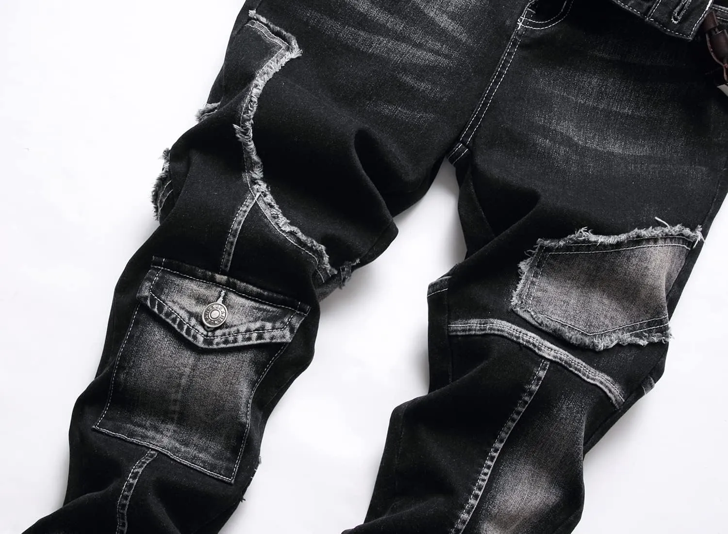 XIMXIMMTIAN Men's Biker Moto Washed Distressed Slim Fit Straight Jeans Denim
